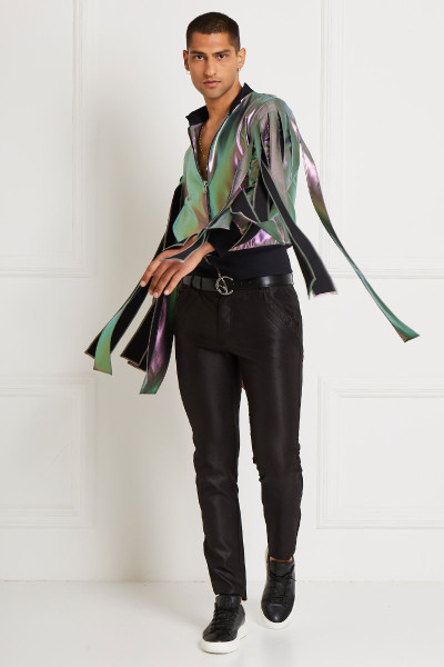 Iridescent Waist-High Jacket With Long Paneled Split Sleeves And Side Pockets