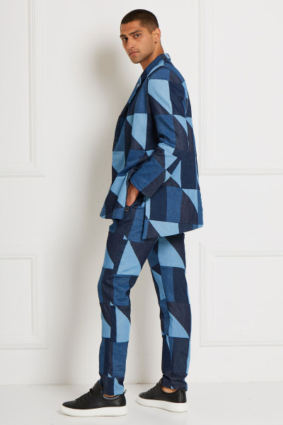 Puzzle-Edge Patchwork Boxy Blazer Jacket With Asymmetric Cut In Denim Textile