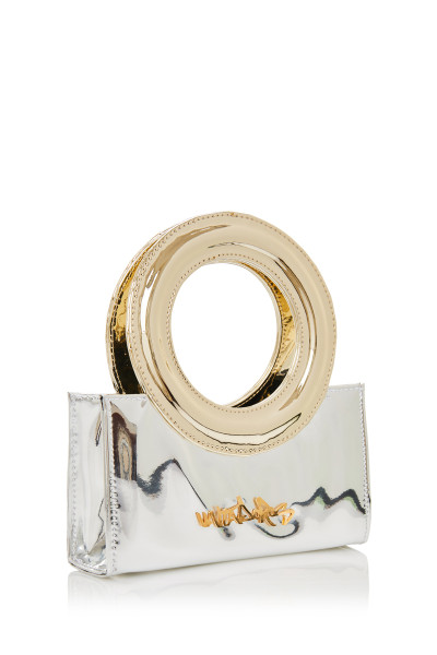 High-Shine Mini Top Ring Handle Bag In Metallic Silver Patent Leather And Deachable CrossBody Strap