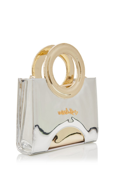 High-Shine Top Ring Handle Bag In Metallic Silver Patent Leather, With Deachable CrossBody Strap