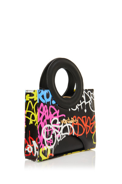 Graffiti Print Top Ring Handle Leather Bag With Detachable CrossBody Strap