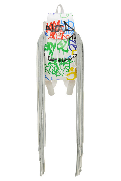Graffiti Print Small-Sized Staple Back-Pack With Fringe Details In Matte Leather