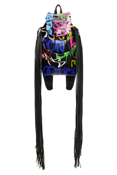 Graffiti Print Small-Sized Staple Back-Pack With Fringe Details In Matte Leather