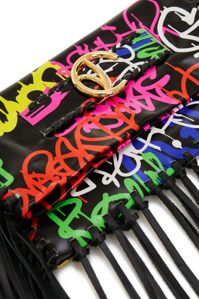 Medium-Sized Fringe Graffiti Print Leather Clutch Bag With Logo Buckle Belt Detail & Whipstitch Trims