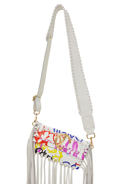 Small-Sized Fringe Graffiti Print Leather Clutch Bag With Logo Buckle Belt Detail & Whipstitch Trims | Paris Valtadoros