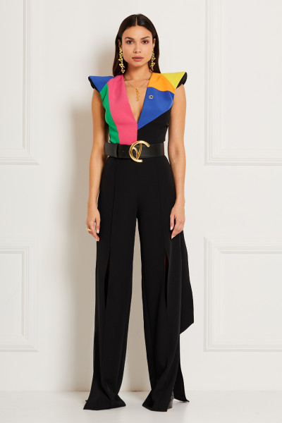 ColorBlock Puzzle Patchwork Jumpsuit With V-Neck &  Slit Pintucked Pants In Crepe Textile