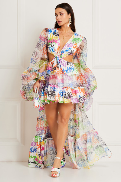 Graffiti Print High-Low Dress With Draped Knot Waist & Long Puff Sleeves In Organza - Satin Textiles Blend