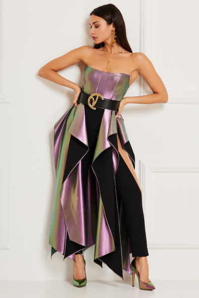 Iridescent Strapless Top With Cascading Sweeping  Panels In Soft Vinyl-Finish Textile