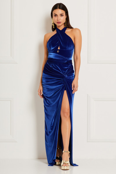 Halter-Neck Maxi Dress With Draped Knot Slit  Thigh & Belted Low Back In Velvet Chiffon