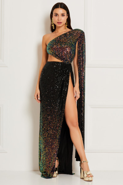 One-Shoulder Maxi Dress With Sweeping Cape Sleeve & Draped Cut-Out Waist In Iridescent Sequin Textile