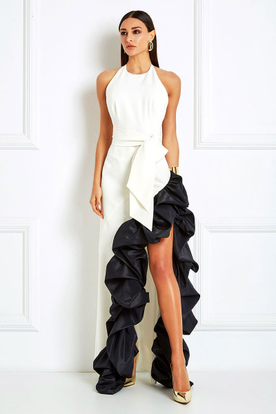 Crepe-Taffeta High-Slit Dress With Plunging Back & Halter Neckline