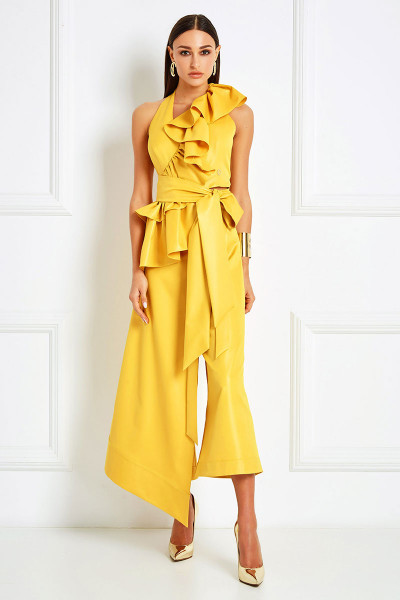 Halterneck Crop Top With Belts & Asymmetrical Layered Pleat Details