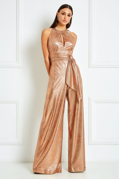 Keyhole Halterneck Jumpsuit With Draped Plunging Back In Metallic Rose Gold Lace