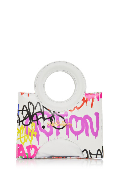 Graffiti Print Δερμάτινη Τσάντα Με Στρογγυλή Λαβή Και Αποσπώμενο Λουρί