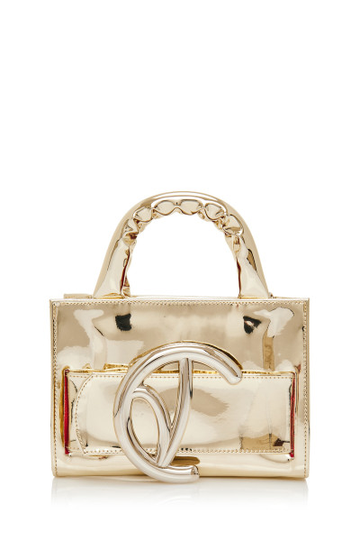 High-Shine Top Handle Bag With Logo Buckle Belt Detail In Metallic Gold Patent Leather