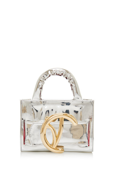 High-Shine Top Handle Bag With Logo Buckle Belt Detail In Metallic Silver Patent Leather