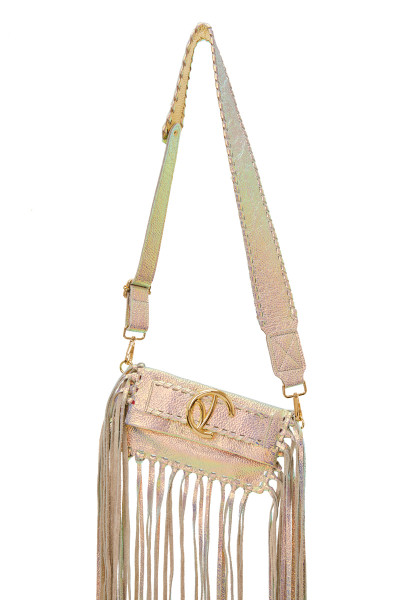 Small-Sized Fringe Clutch Bag With Logo Buckle Belt Detail & Whipstitch Trims In Iridescent Leather
