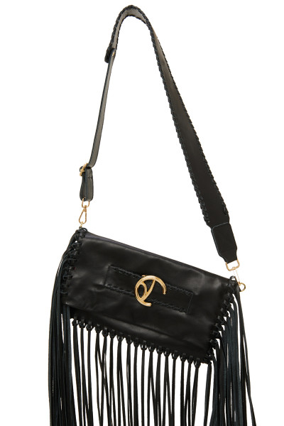 Medium-Sized Fringe Clutch Bag With Logo Buckle Belt Detail & Whipstitch Trims In Matte Leather