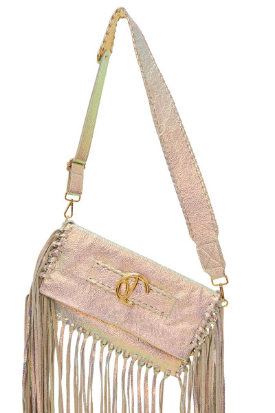 Medium-Sized Fringe Clutch Bag With Logo Buckle Belt Detail & Whipstitch Trims In Iridescent Leather