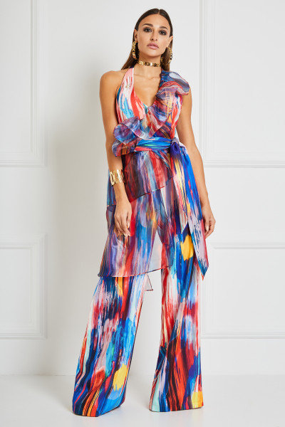 Halter-Neck Jumpsuit With Cascading Organza Detail & Plunging Neck In Crepe Textile