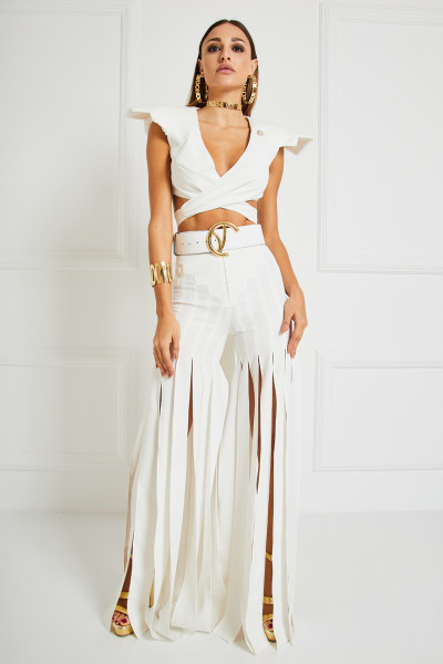 Cross-Body Belted Bustier Top With Plunging Neck & Geometric Boxy Shoulders