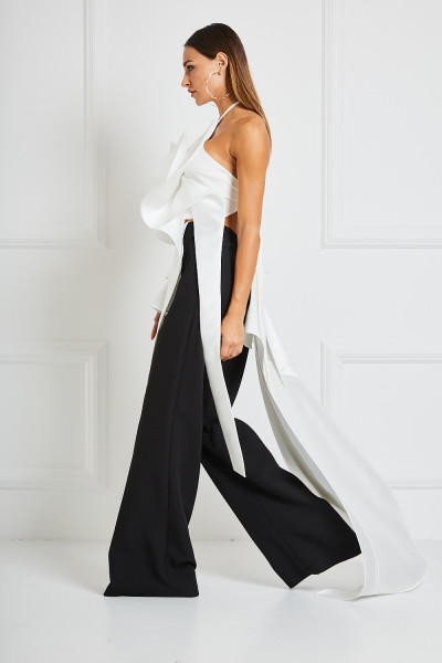 High-Rise Wide-Leg Pants With Peplum Waist & Cascading Back In Silky - Matte Finish Textile Blend