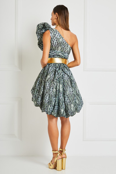 Structured Balloon Dress With Puff Shoulder & High-Low Hem In 3D Peacock Feather Lace
