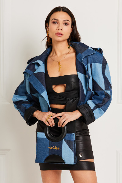 Puzzle-Edge Patchwork Cropped Boxy Jacket With Epaulettes In Denim Textile