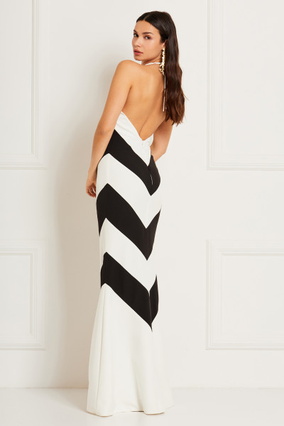 Halter-Neck Mermaid Dress With Plunging Back & Geometric Pattern In Double Color Crepe Textile