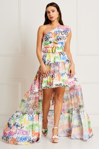Graffiti Print High-Low Dress With One Shoulder & Draped Knot Cut-Out In Organza - Satin Textiles Blend