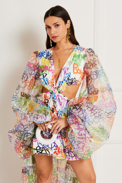 Graffiti Print High-Low Dress With Draped Knot Waist & Long Puff Sleeves In Organza - Satin Textiles Blend