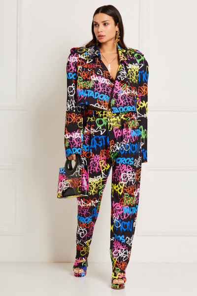 Relaxed Pleat-Front Pants With High-Waist Belt Band & Slash Pockets In Graffiti Print Crepe Textile
