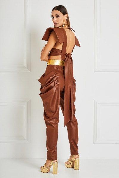 Tailored Pants With High-Rise Zip-Up Waist & Cascading Side Drapes In Leather Finish Textile