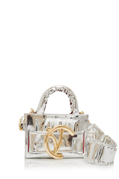 High-Shine Top Handle Bag With Logo Buckle Belt Detail In Metallic Silver Patent Leather