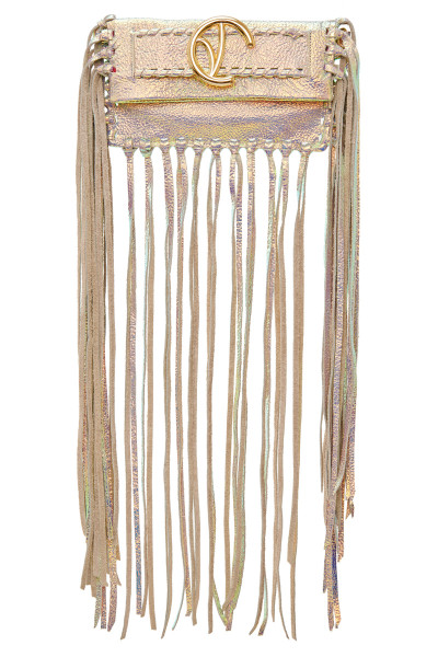 Small-Sized Fringe Clutch Bag With Logo Buckle Belt Detail & Whipstitch Trims In Iridescent Leather