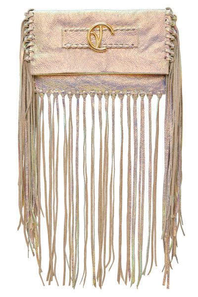 Medium-Sized Fringe Clutch Bag With Logo Buckle Belt Detail & Whipstitch Trims In Iridescent Leather