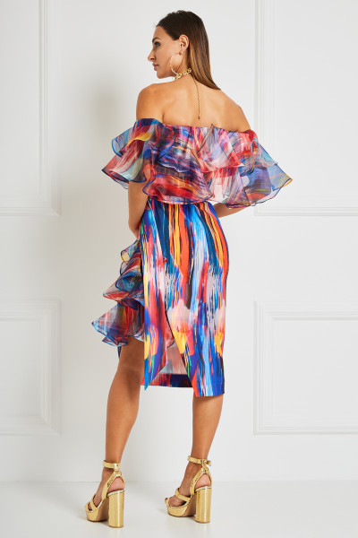 Off-Shoulder Asymmetric Sheath Dress With Cascading Ruffle Details In Printed Organza