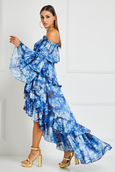 Cascading Off-Shoulder Dress With Long Sleeves & Asymmetric Hem In Silver-Thread Print Textile
