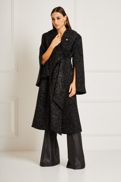 Long Belted Coat With Oversized Statement Lapel & Split Sleeves In Lurex Faux Fur