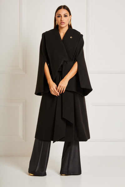 Long Belted Coat With Oversized Statement Lapel & Split Sleeves In Wool-Blend Velour