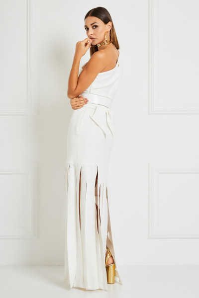 One-Shoulder Pintuck-Tailored Maxi Dress With Split Paneled Hem & Belts In Crepe Textile