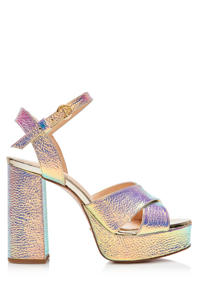 Iridescent Cross-Strap High-Heeled Sandals With Chunky Heels & VALTADOROS Logo Details